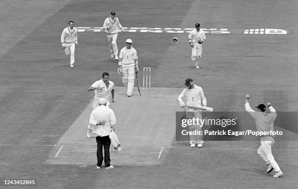 Alec Stewart of England is caught for 8 runs by Gavin Larsen of New Zealand off the bowling of Heath Davis on day two of the 1st Test match between...