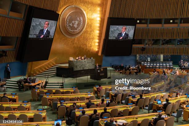 Muhammad Shehbaz Sharif, Pakistan's prime minister, speaks during the United Nations General Assembly in New York, US, on Friday, Sept. 23, 2022....