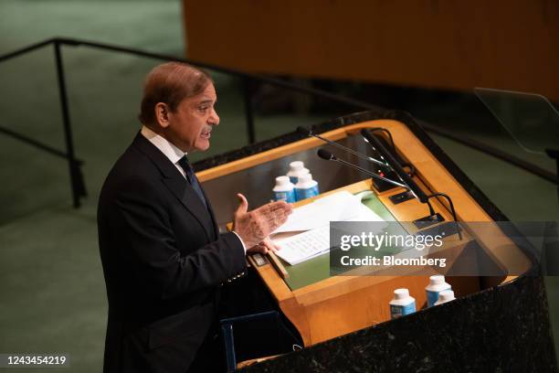 Muhammad Shehbaz Sharif, Pakistan's prime minister, speaks during the United Nations General Assembly in New York, US, on Friday, Sept. 23, 2022....