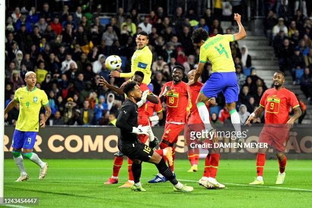 Brazil's defender Marquinhos heads the ball to score a goal during the friendly football match between Brazil and Ghana at the Oceane Stadium in Le...