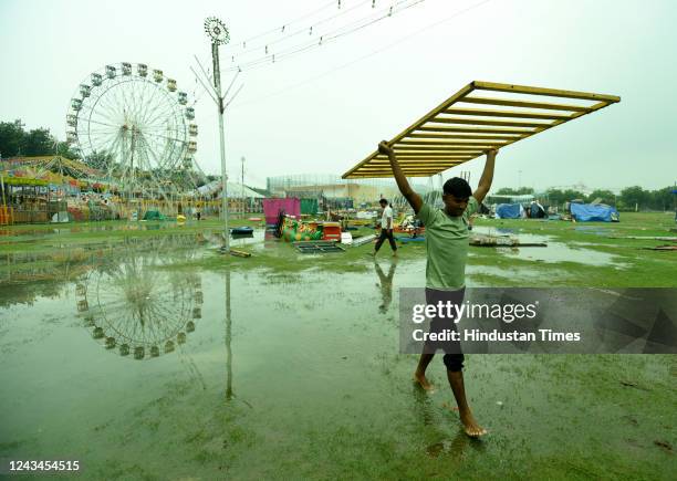 Waterlogging at Ramlila Ground in Sector 21A following heavy rain showers on September 23, 2022 in Noida, India. Parts of Delhi and the National...