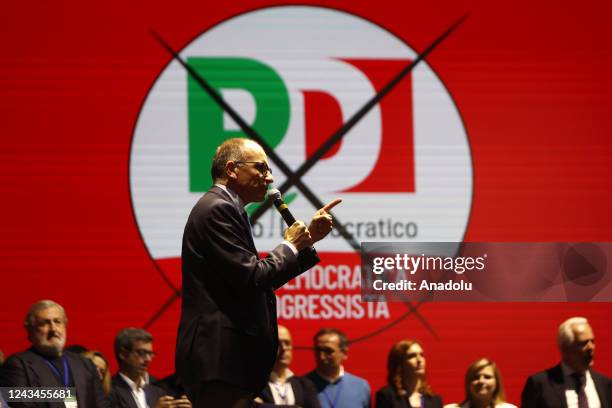 Italian center-left Democratic Party's leader Enrico Letta speaks during a rally for the closure of the electoral campaign in Rome, Italy, on...