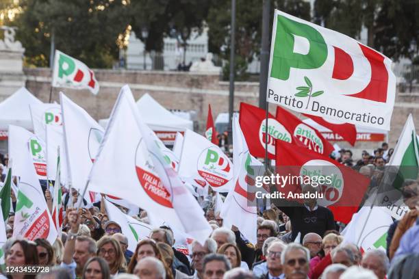 Italian center-left Democratic Party's sympathizers attend a rally for the closure of the electoral campaign in Rome, Italy, on September 23 ahead of...