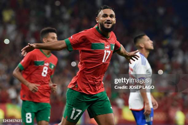 Morocco's forward Sofiane Boufal celebrates scoring the opening goal during the international friendly football match between Chile and Morocco at...