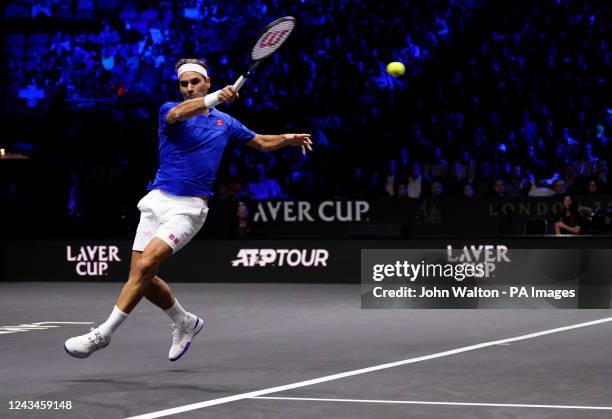 Team Europe's Roger Federer in action against Team World's Frances Tiafoe and Jack Sock on day one of the Laver Cup at the O2 Arena, London. Picture...