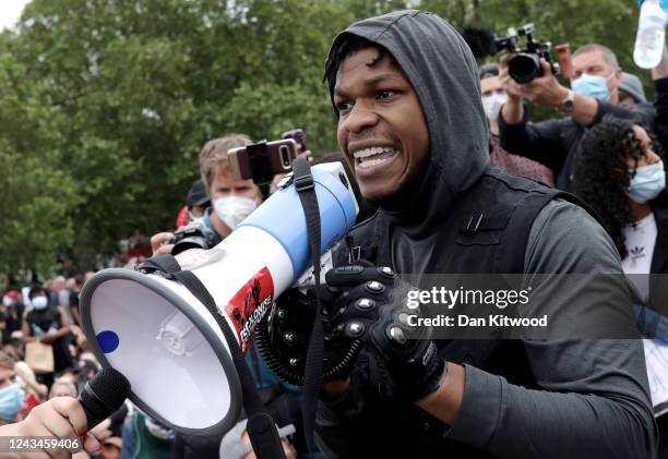 Actor John Boyega speaks to the crowd during a Black Lives Matter protest in Hyde Park on June 3, 2020 in London, United Kingdom. The death of an...