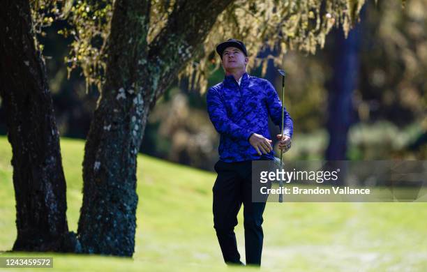 Brian Gay watches the ball from the seventh hole during Round One of the PURE Insurance Championship at Pebble Beach Golf Links on September 23, 2022...