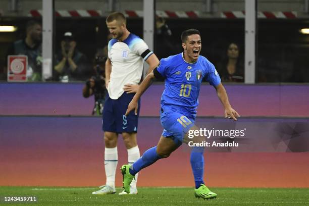 Giacomo Raspadori, of Italy celebrates after scoring the winning goal during the UEFA Nations League, League A Group 3 football match at the San Siro...