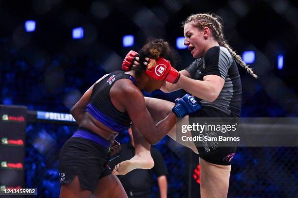 Dublin , Ireland - 23 September 2022; Leah McCourt, right, in action against Dayana Silva during their women's featherweight bout during Bellator 285...