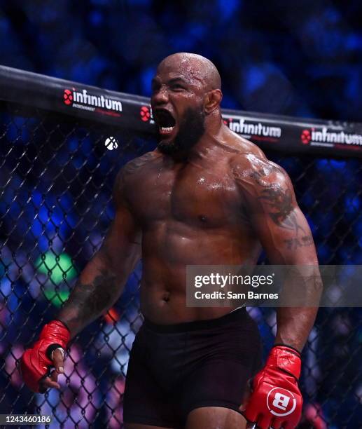 Dublin , Ireland - 23 September 2022; Yoel Romero celebrates after defeating Melvin Manhoef during their light heavyweight bout during Bellator 285...