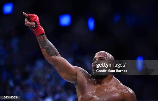 Dublin , Ireland - 23 September 2022; Yoel Romero celebrates after defeating Melvin Manhoef during their light heavyweight bout during Bellator 285...