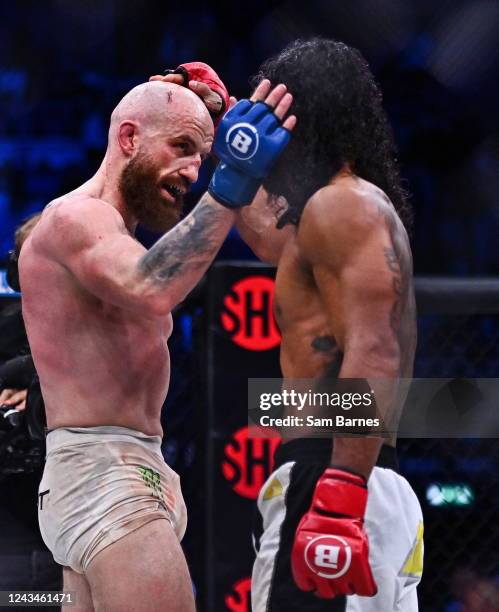 Dublin , Ireland - 23 September 2022; Peter Queally, left, congratulated Benson Henderson after their lightweight bout during Bellator 285 at 3 Arena...