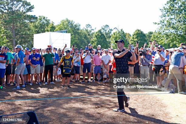 International Presidents Cup golfer Cam Davis hits out of the straw on the 13th hole during the 2022 Presidents Cup on September 23, 2022 at Quail...