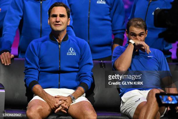 Switzerland's Roger Federer sheds a tear after playing his final match, a doubles with Spain's Rafael Nadal of Team Europe against USA's Jack Sock...