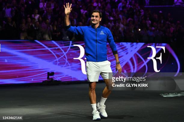 Switzerland's Roger Federer does a lap of honour after playing his final match, a doubles with Spain's Rafael Nadal of Team Europe against USA's Jack...