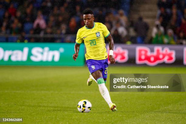 Vinicius Junior of Brazil controls the ball during the international friendly match between Brazil and Ghana at Stade Oceane on September 23, 2022 in...