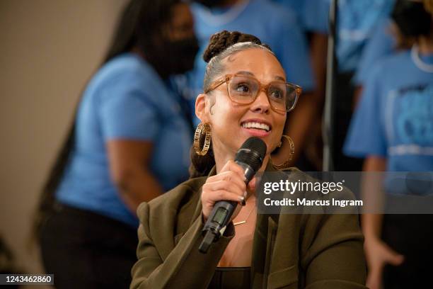 Singer Alicia Keys speaks onstage during the Beautiful Noise Live - Live Nation Women x Femme It Forward panel discussion at Sisters Chapel Spelman...