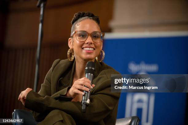 Singer Alicia Keys speaks onstage during the Beautiful Noise Live - Live Nation Women x Femme It Forward panel discussion at Sisters Chapel Spelman...