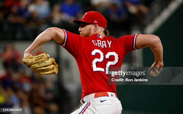 Jon Gray of the Texas Rangers pitches against the Cleveland Guardians during the second inning at Globe Life Field on September 23, 2022 in...