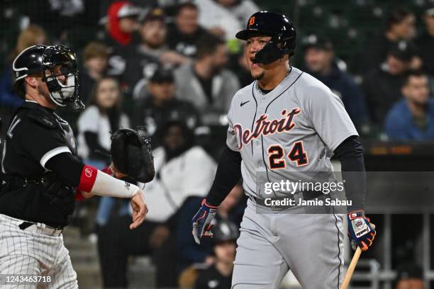 Miguel Cabrera of the Detroit Tigers reacts after striking out in the fifth inning against the Chicago White Sox at Guaranteed Rate Field on...