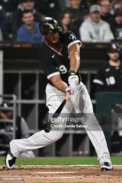 José Abreu of the Chicago White Sox hits an RBI single in the third inning against the Detroit Tigers at Guaranteed Rate Field on September 23, 2022...