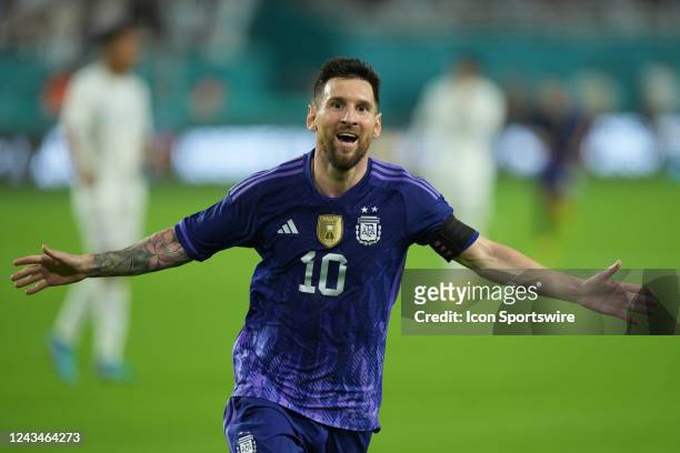 Lionel Messi celebrates his second goal of the match during the game between Honduras and Argentina on Friday, Sept 23, 2022 at Hard Rock Stadium in...