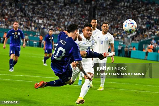 Argentina's Lionel Messi kicks the ball during the international friendly match between Honduras and Argentina at Hard Rock Stadium in Miami Gardens,...