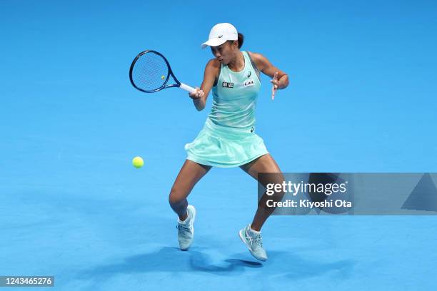 Zhang Shuai of China plays a forehand in the Singles semifinal match against Ludmilla Samsonova of Russia during day six of the Toray Pan Pacific...