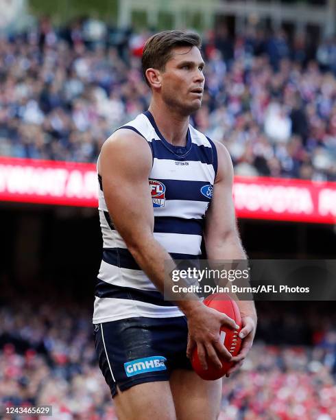 Tom Hawkins of the Cats kicks a goal during the 2022 Toyota AFL Grand Final match between the Geelong Cats and the Sydney Swans at the Melbourne...