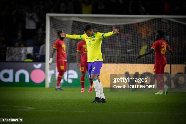 Brazil's defender Thiago Silva celebrates during the international friendly football match between Brazil and Ghana at The Oceane Stadium in Le...