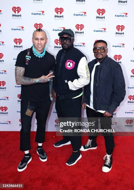 Rapper Taboo, US rapper will.i.am and Filipino-US rapper apl.de.ap of US musical group The Black Eyed Peas arrive for the iHeartRadio Music Festival...