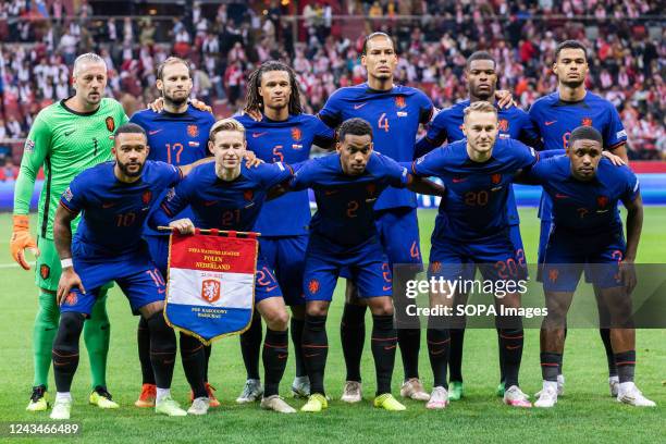 Netherlands national football team pose for a group photo during the UEFA Nations League, League A Group 4 match between Poland and Netherlands at...
