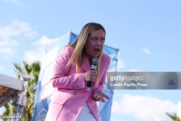 Giorgia Meloni, heads the Brothers of Italy political party, and the president of the European Conservatives and Reformists Party, holds a speech of...