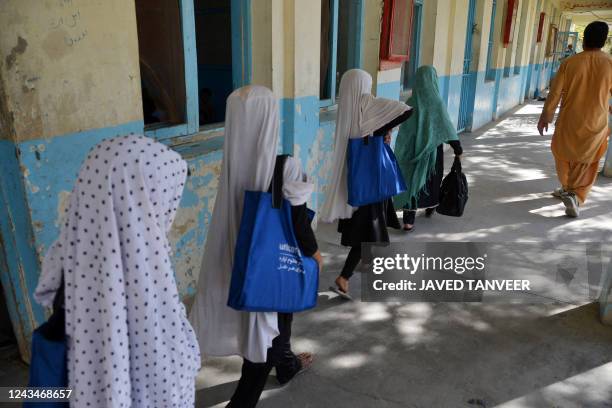 Girls arrive to attend a class at a school in Kandahar on September 24, 2022.