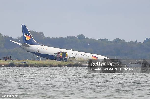 This photograph shows an Aeropostale Boeing 737 after it overran the runway during its landing phase at night at Montpellier airport, on September...