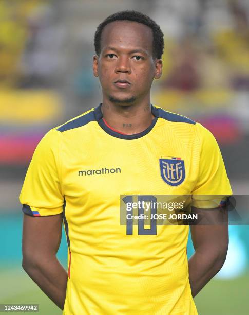 Ecuador's forward Alex Ibarra lines up for the national anthems prior the international friendly football match between Saudi Arabia and Ecuador at...