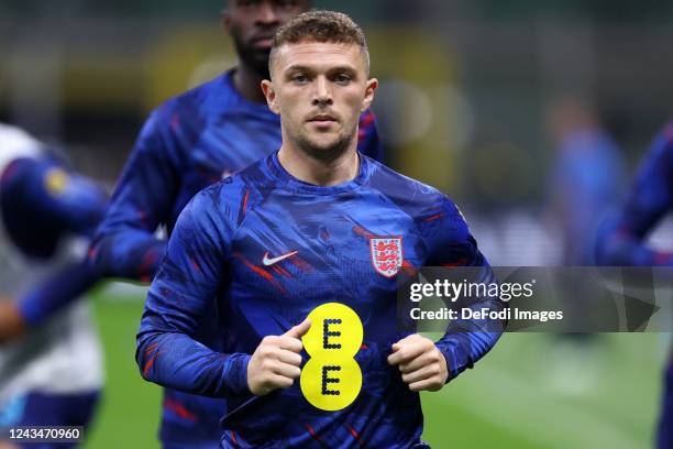 Kieran Trippier of England warm up prior to the UEFA Nations League League A Group 3 match between Italy and England at San Siro on September 23,...