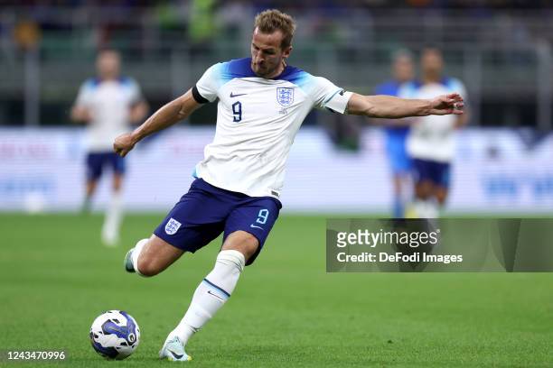 Harry Kane of England controls the ball during the UEFA Nations League League A Group 3 match between Italy and England at San Siro on September 23,...