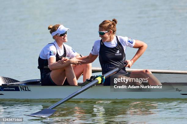 Grace Prendergast and Kerri Williams both of New Zealand celebrate their victory in Womens Pair Final A during 2022 World Rowing Championships on...