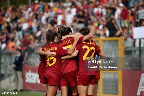 Sophie Roman Haug of AS Roma celebrates after scoring the team's first goal during the Women Serie A match between AS Roma women and ACF Fiorentina...