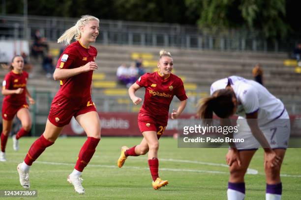 Sophie Roman Haug of AS Roma celebrates after scoring the team's first goal during the Women Serie A match between AS Roma women and ACF Fiorentina...