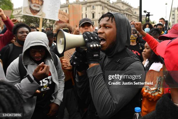 Actor John Boyega speaks to the crowd during a Black Lives Matter protest in Hyde Park on June 3, 2020 in London, United Kingdom. The death of an...