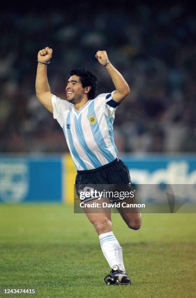 Diego Maradona of Argentina celebrates during the semi final match between Argentina and Italy in the 1990 FIFA World Cup at the Stadio San Paolo in...