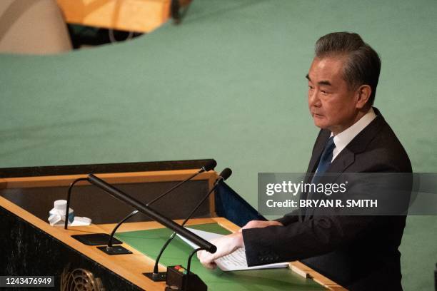 Chinas Foreign Minister Wang Yi addresses the 77th session of the United Nations General Assembly at UN headquarters in New York City on September...