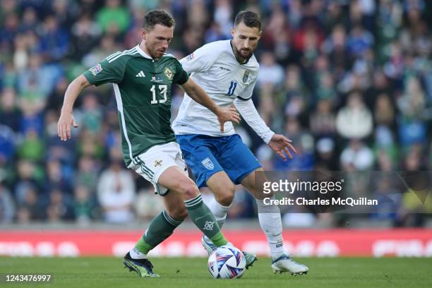 Corry Evans of Northern Ireland controls the ball against Elbasan Rashani of Kosovo during the UEFA Nations League League C Group 2 match between...