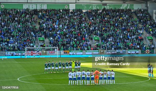 Belfast , United Kingdom - 24 September 2022; Both teams and officials stand for a minute's silence before the UEFA Nations League C Group 2 match...