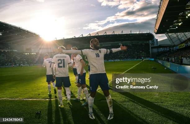 Belfast , United Kingdom - 24 September 2022; Vedat Muriqi of Kosovo celebrates after scoring his side's first goal during the UEFA Nations League C...