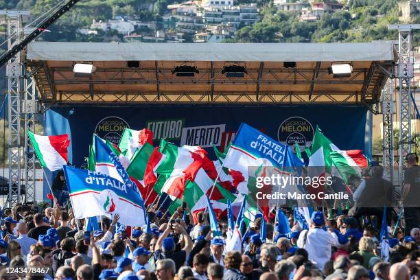 Supporters of Brothers of Italy with flags during the electoral tour of the leader Giorgia Meloni in Naples, for the Italian political elections of...