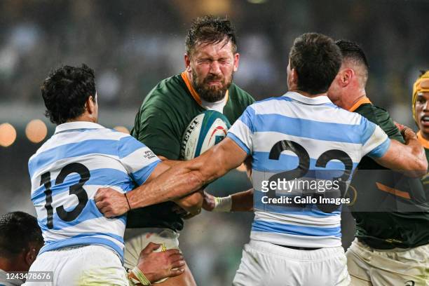 Frans Steyn of South Africa is tackled during The Rugby Championship match between South Africa and Argentina at Hollywoodbets Kings Park on...