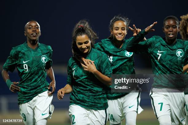 Saudi Arabia's Bayan Sadagah celebrates her goal during a friendly football match between Saudi Arabia and Bhutan at Prince Sultan bin Abdulaziz...